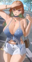 1girl archinoer bag bangle black_panties bracelet breasts cleavage cutoffs day denim denim_shorts earrings handbag highleg highleg_panties highres holding holding_bag hololive hololive_english hoop_earrings jewelry long_hair multicolored_hair orange_hair outdoors palm_tree panties purple_eyes short_shorts shorts shoulder_bag smile takanashi_kiara tree underwear virtual_youtuber