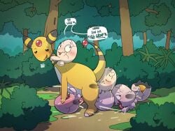 4:3 ampharos anal anal_penetration anthro argon_vile balls blush bodily_fluids breath breath_poof broken_egg cum egg egg_(food) exeggcute feral flirting generation_1_pokemon generation_2_pokemon genital_fluids genitals group hi_res lucky_pierre male male/male male_feral male_penetrated male_penetrating nintendo nude open_mouth outside penetration penis plant pokemon pokemon_(species) shell shrub sweat tongue tree yellow_body