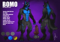 2019 abs animal_genitalia anthro balls black_body black_fur black_nose blue_body blue_fur bomo_(character) butt canid canine canis dated english_text erection front_view fur genitals gradient_fur green_eyes grey_balls grey_body grey_fur grey_sheath hufnaar humanoid_genitalia humanoid_penis hybrid_genitalia hybrid_penis knot knotted_humanoid_penis knotted_penis male male_anthro mammal model_sheet mouth_closed muscular muscular_anthro muscular_male nude pecs penis purple_background rear_view red_penis sheath simple_background solo standing text wolf