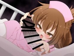 1boy 1girl :3 alternate_costume assertive_female bar_censor blush brown_eyes brown_hair censored commentary_request commission crossed_bangs dark_persona dress folded_ponytail hachi_(chihagura) hair_between_eyes handjob hat inazuma_(kancolle) jewelry kantai_collection large_penis looking_at_penis medium_hair nurse nurse_cap open_mouth pantyhose penis pink_dress ring saliva saliva_trail short_sleeves sidelocks skeb_commission smug solo_focus sparkle wedding_ring white_pantyhose