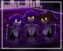 3girls alice_(murder_drones) bikini boobs breasts brown_hair female_focus females murder_drones nori_(murder_drones) pool purple_eyes purple_hair red_eyes robots skyscraper thewalle yeva_(murder_drones)