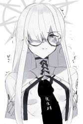1girl absurdres bespectacled black_eyes blank_censor blue_archive blush breasts censored colored_skin commentary_request cropped_torso erection gensou_destroy glasses grin hair_over_one_eye highres long_hair looking_at_viewer malkuth_(blue_archive) one_eye_covered penis round_eyewear shaded_face simple_background small_breasts smile solo symbol-shaped_pupils translation_request trembling v-shaped_eyebrows white_background white_hair white_skin x-shaped_pupils
