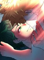 2boys abs bakugou_katsuki bed bed_sheet bedroom blanket blonde_hair completely_nude freckles freckles_on_arms freckles_on_body freckles_on_breasts giggling green_eyes green_hair half-closed_eyes huge izuku_midoriya katsuki_bakugou kissing messy_hair midoriya_izuku mp4 my_hero_academia nude nyxdrawhine on_bed pectorals pillow red_eyes sex smile spiked_hair tagme tears video voice_actor whispering whispering_in_ear yaoi