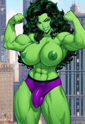 ai_generated bulge bulge_through_clothing civitai dickgirl futanari green_eyes green_skin huge_breasts jakespicer34 jennifer_walters marvel marvel_comics muscular_female muscular_futa panties penis_in_panties purple_panties she-hulk