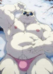 anthro bear bulge clothing eyewear funeral-paws fur hi_res ice_climber male mammal musclegut muscular muscular_male nipples pink_clothing pink_underwear polar_bear polar_bear_(ice_climber) pubes snow solo sunglasses underwear ursine white_body white_fur