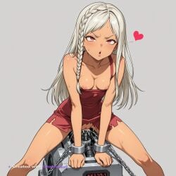 1girl ai_assisted ai_generated anime_screencap blowing_kiss braid cleavage dark_skinned_female dominated facing_viewer forced_orgasm heart heels high_quality highres kengan_ashura leaning_forward legs_spread long_hair mouth_open nipples petite_body platinum_blonde_hair red_dress red_eyes ripped_clothes sidelocks simple_background skinny skirt small_breasts small_tits solo solo_female tiny_tits unable_to_move unable_to_resist young