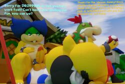 3d 3d_(artwork) 4boys ass balls bib big_ass big_butt black_body blue_hair blue_toad bowser_jr. butt doommusk facesitting gay hi_res huge_ass huge_butt koopa koopaling lire_(doommusk) ludwig_von_koopa male male/male mario_(series) mario_bros mask monkey mushroom mushroom_humanoid nintendo oc penis primate red_hair rimming rimming_male smile super_mario_bros. text toad_(mario) turtle yellow_body