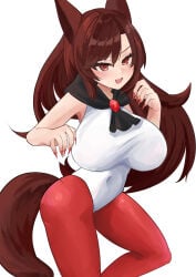 1girl 1girls armpits bare_shoulders belly belly_button black_neckerchief blush blush_lines blushing blushing_at_viewer bodysuit brooch brown_hair claws colored_fingernails colored_nails fang fangs fluffy fluffy_ears fluffy_tail gem imaizumi_kagerou jewelry kagerou_imaizumi leotard long_claws long_fingernails long_hair looking_at_viewer navel_piercing navel_visible_through_clothes neckerchief off_shoulder open_mouth pantyhose paws red_eyes red_fingernails red_pantyhose ruby_(gem) sharp_claws sharp_fingernails sharp_teeth shinonome_zakuro simple_background skin_fang sleeveless smile smiley_face smiling smiling_at_viewer sole_female solo solo_female solo_focus standing standing_on_one_leg stomach touhou werewolf white_background white_leotard wolf wolf_ears wolf_girl wolf_tail