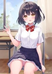 1girl black_hair blush bob_cut breasts chair classroom clothed hair_ornament hair_ribbon highres medium_breasts on_chair original panties school_desk school_uniform shiono_(0303) shirt short_hair sitting sitting_on_chair skirt skirt_lift straight_hair tied_hair