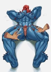 abs armpit_hair arms_behind_head biceps biting_own_lip breasts flushed_face groping groping_thighs muscular_female pov pubic_hair red_hair string_panties undertale undertale_(series) undyne