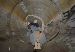completely_nude completely_nude_female fat_ass graffiti long_hair nude_female pipe rat_girl rat_tail underground