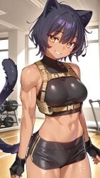 abs ai_generated black_hair cat_ears cat_tail catgirl gym looking_at_viewer midriff narrow_waist seductive small_breasts smile tactical_clothes yellow_eyes
