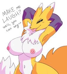 absurd_res anthro bandai_namco bodily_fluids breasts canid digimon digimon_(species) female hi_res laugh mammal nipples ozon-27 ozozon renamon solo teasing teasing_viewer tickle_fetish