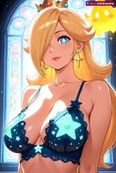1girl ai_assisted ai_generated bare_shoulders blonde_hair blue_bra blue_eyes blush bra breasts cleavage closed_mouth collarbone covered_nipples crown earrings hair_over_one_eye indoors jewelry large_breasts lingerie lips long_hair looking_at_viewer mario_(series) nintendo patreon princess_rosalina princess_rosalina_(movie) rosalina shiny smile solo stained_glass star_(symbol) star_earrings stelmazura underwear underwear_only upper_body window