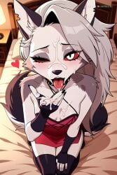 1girl ai_assisted ai_generated animal_ears animal_nose anime_screencap awaiting_cum bare_shoulders beach bed bedroom black_thighhighs blowing_kiss cowboy_shot cum_in_hair cum_on_face cum_on_hands dress dutch_angle fellatio_gesture fingerless_gloves full_body furry furry_female grey_fur grey_hair hand_up heart helluva_boss indoors kneeling looking_at_viewer loona loona_(helluva_boss) naked o3o official_style one_eye_closed open_mouth oral_invitation red_dress red_sclera snout tail tongue_out two_tone_fur view_from_above white_fur wolf_ears wolf_girl wolf_tail