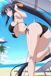 1girl ai_generated akeno_himejima ass beach beach_umbrella bikini black_bikini black_hair blue_sky blush breasts cloud day digitalwaifugallery hair_between_eyes hair_ribbon hi_res high_quality high_resolution high_school_dxd large_breasts long_hair looking_at_viewer looking_back ocean open_mouth orange_ribbon outdoors palm_tree parted_lips patreon ponytail purple_eyes ribbon seductive sexy side-tie_bikini_bottom sideboob sky solo swimsuit thighs tree umbrella uncensored underboob very_long_hair watermark