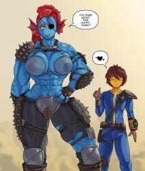 big_breasts dialogue fallout_(series) frisk_(undertale) hand_on_hip huge_muscles looking_at_viewer muscular_female nipples_visible_through_clothing pip-boy raider_(fallout) red_hair thumbs_up undyne vault_suit