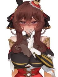 0ha absurd_res absurdres arm_under_breasts blush brown_hair busty cleavage clothed finger_to_mouth gentildonna_(umamusume) gloves hi_res highres horse_ears horse_girl large_breasts looking_at_viewer purple_eyes ribbon see-through see-through_top smile smiling_at_viewer umamusume umamusume_pretty_derby white_background white_gloves xkittyzx
