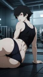abs accurate_art_style ai_generated big_breasts black_hair devil_may_cry_(series) gym heterochromia lady_(devil_may_cry) lady_(devil_may_cry:netflix) lips panties short_hair solo teasing tomboy