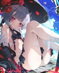 aged_up beach blue_archive blush closed_mouth curvy huge_ass looking_at_viewer revealing_clothes shuro_(blue_archive) skinny small_breasts smile thick_thighs umbrella wide_hips