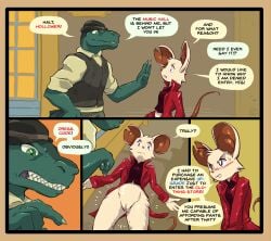 anthro blush bottomless bottomless_anthro bottomless_female bowler_hat claws clothed clothed_male clothing coat comic dialogue duo english_text female finger_claws genitals gesture green_body hand_gesture hat headgear headwear hi_res hopful_anomenoe innie_vulva komodo_dragon komodore_(mina_the_hollower) lizard male mammal mina_(mina_the_hollower) mina_the_hollower monitor_lizard mouse murid murine notched_ear pointing red_clothing reptile rodent scalie speech_bubble text topwear vest vulva white_body yacht_club_games