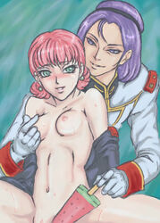 1girls 2008 blush breasts earrings female gloves gonoji green_eyes gundam human light-skinned_female light_skin lowres male nipples nude paptimus_scirocco pink_hair popsicle sarah_zabiarov short_hair uniform watermelon_popsicle zeta_gundam