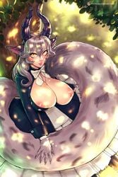 1girls animal_ears areolae bbc-chan breasts exposed_breasts female female_only horns huge_breasts looking_at_viewer nipples solo