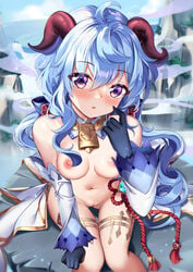 artist_name bangs bare_shoulders bell bent_knees black_gloves black_handwear blue_hair blush breasts chinese_clothes clothing cloud cow_bell crystal day detached_sleeves elbow_gloves eyebrows_visible_through_hair female flower_knot fog ganyu_(genshin_impact) gem genshin_impact gloves hair_between_eyes hand_on_own_knee head_tilt heart heart_in_eye high_resolution horns jewelry long_hair long_sleeves looking_at_viewer looking_up medium_breasts mountain nature nipples no_bra outdoors paid_reward purple_eyes pussy red_ribbon ribbon rock rope scratching_cheek sitting sky solo squ-chan squchan symbol_in_eye tassel text traditional_clothes uncensored vagina very_high_resolution very_long_hair viewed_from_above watermark web_address