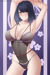 1girls armpit armpits arms_behind_head arms_up aslindsamure blue_hair blush blushing_at_viewer bra_strap cleavage collarbone female female_focus female_only floral_background genshin_impact indigo_hair kujou_sara lingerie looking_at_viewer panties pubic_hair pubic_hair_peek see-through see-through_clothing see-through_panties short_hair solo solo_female solo_focus standing straps watermark yellow_eyes