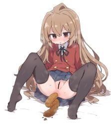 1girl aisaka_taiga aku0 anal_grip anus bar_censor bed_sheet black_ribbon black_thighhighs blazer blue_skirt brown_eyes brown_hair buttons censored collared_shirt commentary defecating double-breasted dress_shirt feet full_body gold_buttons hair_between_eyes hand_on_own_thigh highres jacket legs_apart long_hair neck_ribbon no_panties on_bed oohashi_high_school_uniform parted_lips perineum pleated_skirt pussy reclining red_jacket ribbon scat school_uniform shirt skirt solo sweat thighhighs toradora! untranslatable_commentary very_long_hair white_background white_shirt wing_collar