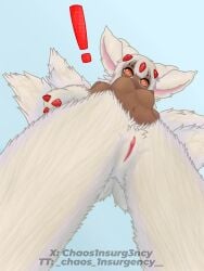 3:4 3_fingers 4_arms 5_tails absurd_res anthro breasts chaos_1nsurgency claws clitoris dark_body dark_skin ears_up faputa female fingers fur genitals hi_res horn looking_at_viewer low-angle_view made_in_abyss multi_arm multi_limb multi_tail narehate nipples orange_eyes solo tail vulva white_body white_fur