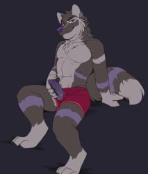animal_genitalia animal_penis anthro bare_chest barefoot bedroom_eyes bottomwear boxer_briefs canid canine canis cheek_tuft claws clothed clothing dl_wolf_(dl2288) ear_piercing ear_ring erection facial_tuft feet front_view fur genitals grey_body grey_fur half-closed_eyes hand_on_penis holding_penis jailbird knot knotted_penis looking_at_viewer male mammal markings masturbation multicolored_body multicolored_fur narrowed_eyes navel partially_clothed pawpads paws penis piercing purple_body purple_eyes purple_fur purple_nose purple_penis red_clothing ring_piercing seductive sitting solo tuft underwear wolf
