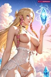1girl ai_assisted ai_generated bangs bare_shoulders blonde_hair blue_eyes braid breasts choker cloud crystal ffxiv final_fantasy final_fantasy_xiv garter_straps gem hair_ribbon hyur jewelry large_breasts lingerie long_hair looking_at_viewer minfilia minfilia_warde navel necklace nipples panties parted_bangs patreon pink_ribbon ribbon sky solo stelmazura underwear white_panties