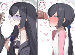 1boy 1girl absurdres bikini bilingual_commentary black_bikini black_hair black_pantyhose black_robe blue_archive blush braid_over_shoulder breasts bulge butterfly_hair_ornament censored doodle_sensei_(blue_archive) erection erection_under_clothes full-face_blush grey_eyes grey_halo hair_ornament halo hetero highres imminent_fellatio kisaki_(blue_archive) kisaki_(swimsuit)_(blue_archive) long_hair looking_at_penis mixed-language_commentary mosaic_censoring official_alternate_costume official_alternate_hairstyle pantyhose penis robe robe_partially_removed sensei_(blue_archive) shirt small_breasts sunglasses suri_(gurunovle) swimsuit very_long_hair white_shirt