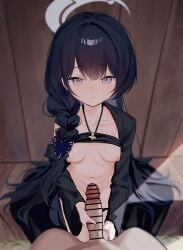 1boy 1girl absurdres bar_censor bikini bikini_top_lift black_bikini black_robe blue_archive braid_over_shoulder breasts butterfly_hair_ornament censored clothes_lift commentary_request grey_eyes grey_halo hair_ornament halo handjob hetero highres kisaki_(blue_archive) kisaki_(swimsuit)_(blue_archive) krixxis4 long_hair looking_at_viewer navel nipples official_alternate_costume official_alternate_hairstyle penis pov pov_crotch robe robe_partially_removed small_breasts stomach swimsuit variant_set very_long_hair
