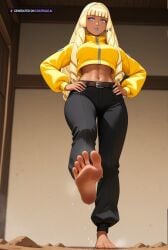 1girl 3d ai_assisted ai_generated barefeet belt big_feet black_pants blonde_hair blue_eyes blue_lipstick dark_skin dianna_soreil dirty_feet from_below full_body hair_drills hands_on_hips highly_detailed long_hair long_sleeves long_toes looking_at_viewer makeup navel official_art presenting_foot sole_focus standing standing_on_one_leg stinky_feet sweaty_feet thick_lips twintails wide_eyes yellow_jacket
