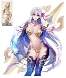 barely_clothed big_breasts curvy_figure fate/grand_order fate_(series) fine_art_parody goddess history indian kama_(fate/grand_order) metal_bikini mythology reference_image white_hair yakshi_figure_sculpture