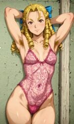 ai_generated areolae armpit_hair armpits arms_up artist_request athletic athletic_female blonde_hair breasts capcom drill_hair female female_focus female_only hourglass_figure karin_kanzuki long_hair navel nipples pubes pubic_hair pussy ribs small_breasts street_fighter tagme vagina wide_hips