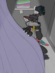 3:4 anthro bashful black_body black_fur bodily_fluids canid canine canis caught caught_in_the_act caught_masturbating cheek_tuft clothing collar collar_tag covering covering_self cum_soaked curtains curtains_open dripping ear_tuft embarrassed exhibitionism facial_tuft footwear fur genital_fluids genitals grey_body grey_fur hand_on_curtain hand_on_head hi_res hiding kneeling looking_away mafoowo male mammal mane masturbation max_harwell nervous nervous_smile pawpads paws penis penis_tip precum precum_drip red_body red_fur socks solo spiked_collar spikes tuft underwear wolf