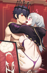 1boy 1girls abs absurdres arms_around_neck ass bangs black_coat blue_hair blush bra bra_down bra_pull braid breast_press breasts chrom_(fallen)_(fire_emblem) chrom_(fire_emblem) clenched_teeth clothes_pull clothing_aside coat corruption cross_section crown cum cum_in_pussy cum_in_uterus cum_inside cumdrip ejaculation eyebrows_visible_through_hair eyelashes female filled_uterus filled_womb fire_emblem fire_emblem_awakening fire_emblem_cipher full_uterus full_womb gold_trim grima_(fire_emblem) hair_between_eyes hand_on_another's_thigh happy_sex heart highres hip_bones hip_focus hood hood_down large_breasts leg_lift leg_up legs_apart male matching_underwear mazenda_(3378) medium_hair motion_lines muscular muscular_male nintendo open_mouth ovum panties panties_aside pectorals penetration penis possession purple_bra purple_eyes purple_panties red_eyes robin_(fire_emblem) robin_(fire_emblem)_(female) sex silver_hair smile spread_legs standing standing_sex strap swept_bangs teeth thigh_strap thong throne twintails underwear upright_straddle uterus vaginal_penetration white_hair