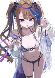 1girls airi_kanna bare_shoulders belly_button blue_eyes blue_hair bra breasts brown_hair female female_focus female_only high_resolution highres kkato long_hair looking_at_viewer multicolored_hair open_shirt panties shirt small_breasts smile solo standing stellive stomach tattoo tattoos thighs tongue_out twintails underwear virtual_youtuber white_background
