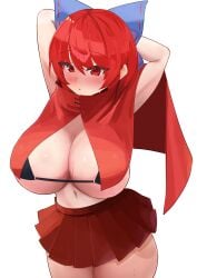 1girl 1girls arms_up belly belly_button big_breasts bikini bikini_top black_bikini blue_ribbon blush blush_lines blushing blushing_at_viewer bow bowtie breast_curtains breasts cape cleavage cloak cowboy_shot dullahan embarrassed hair_bow hair_ribbon half-dressed hands_behind_head heavy_blush large_breasts looking_at_viewer miniskirt navel nervous open_mouth pleated_skirt presenting_breasts red_cape red_cloak red_clothing red_eyes red_face red_hair red_shirt ribbon rokurokubi shinonome_zakuro short_hair showing_breasts simple_background sole_female solo solo_female solo_focus standing stomach sweatdrop sweating sweaty sweaty_body thick_thighs thighs touhou white_background wide_hips wide_thighs
