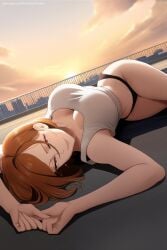 1girl ai_generated black_panties breasts cleavage crop_top hi_res high_quality high_resolution indoors jujutsu_kaisen kugisaki_nobara large_breasts long_hair looking_at_viewer lying panties patreon seductive sexy shirt sleeveless sleeveless_shirt solo tank_top uncensored underwear watermark white_shirt