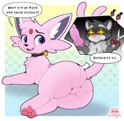 animate_inanimate bell bell_collar bepse_(character) butt canid canine collar cute_fangs dark_body dark_fur dialogue dildo duo eeveelution english_text espeon fangs featureless_crotch feet feral forehead_gem freckles fur gem generation_2_pokemon grey_body grey_fur hi_res hindpaw holding_dildo holding_object holding_scissors holding_sex_toy hybrid inner_ear_fluff kalen_(xenoyia) label living_plushie looking_back lying male mammal nintendo on_front open_mouth pawpads paws perineum pink_body pink_fur plushie pokemon pokemon_(species) procyonid quadruped question_mark raccoon raccoon_dog raised_tail rear_view scissors sex_toy smile suggestive tail tanuki teeth text tuft xenoyia