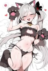 1girl absurdres ai ai_generated animal_ear_hairband ass_visible_through_thighs bell black_choker blue_archive bra cameltoe cat_cutout cat_ear_panties cat_ears cat_lingerie fake_animal_ears fangs floating_hearts grey_hair hair_flower heart highres looking_at_viewer lying midriff motion_lines mutsuki_(blue_archive) navel neck_bell nose_blush on_back on_bed open_mouth paw_gloves paw_shoes pink_eyes pointy_ears purple_eyes side_ponytail simple_background small_breasts smile spoken_emoji steaming_body sweat sweatdrop thigh_gap thighs very_long_hair white_background white_hair
