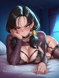 1boy 1girl 1girls ai_generated bedroom big_breasts black_hair black_lingerie blue_eyes blue_light blush blush_lines blushing blushing_at_viewer blushing_female breasts closed_mouth completely_nude dragon_ball dragon_ball_z dripping female female_focus front_view huge_breasts indoor large_breasts light-skinned_female light_skin lingerie lingerie_only long_hair looking_at_viewer mouth_open night nude_female partially_clothed sex_from_behind shiny_skin sitting starfallnsfw stomach sweat sweatdrop sweating sweaty vaginal_fluids videl videl_(long_hair)