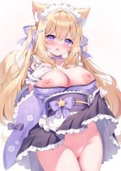 1girl animal_ears blonde_hair blush breast_suppress breasts breasts_out exposed_breasts hair_ornament hair_ribbon hairband highres kimono large_breasts long_hair maid maid_apron maid_headdress maid_outfit maid_uniform nipples no_panties open_clothes open_kimono original pussy pussy_juice shiono_(0303) skirt_lift straight_hair sweat tied_hair twintails uncensored wa_maid wet wet_pussy