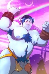 1boy 2019 2d armpit_hair ass balls_bulge bara barley_lightfoot beanie blue_hair blush bracelet brown_hair chest_tuft digital_media_(artwork) disney elf erection flexing gay jockstrap male male_only moon muscular nipples onward_(2020) penis penis_piercing piercing pixar principeconejoo pubic_hair rainbow solo spiked_bracelet yaoi