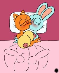 aliasing anthro artist_logo artist_name barry_buns big_breasts blue_body blue_fur blush breasts bulge countershade_breasts countershading curvy_figure detailed_bulge digital_media_(artwork) disney duo erection eyelashes eyes_closed femboy fur genital_outline gynomorph gynomorph/male hi_res hourglass_figure intersex intersex/male kiff_(series) kiff_chatterley kissing lagomorph leporid logo male mammal nipples notched_ear orange_body orange_fur penis_outline pillow rabbit rodent sciurid signature spherical_breasts text thatdawgmurray thick_thighs toony tree_squirrel wide_hips