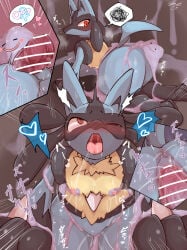 absurd_res anthro anus areola blue_body blush breasts canid canine censored comic ditto_(pokemon) female generation_1_pokemon generation_4_pokemon genitals goo_creature hi_res hitsuji_cookie lucario male male/female mammal nintendo nude penetration pokemon pokemon_(species) red_eyes sex thick_thighs vaginal vaginal_penetration vulva